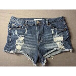 Almost Famous Women's Distressed Denim Shorts Size 11 Blue Frayed Raw Hem Festiv